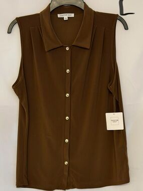 PerSeption Concept Brown Sleeveless Collared Button-Down Top